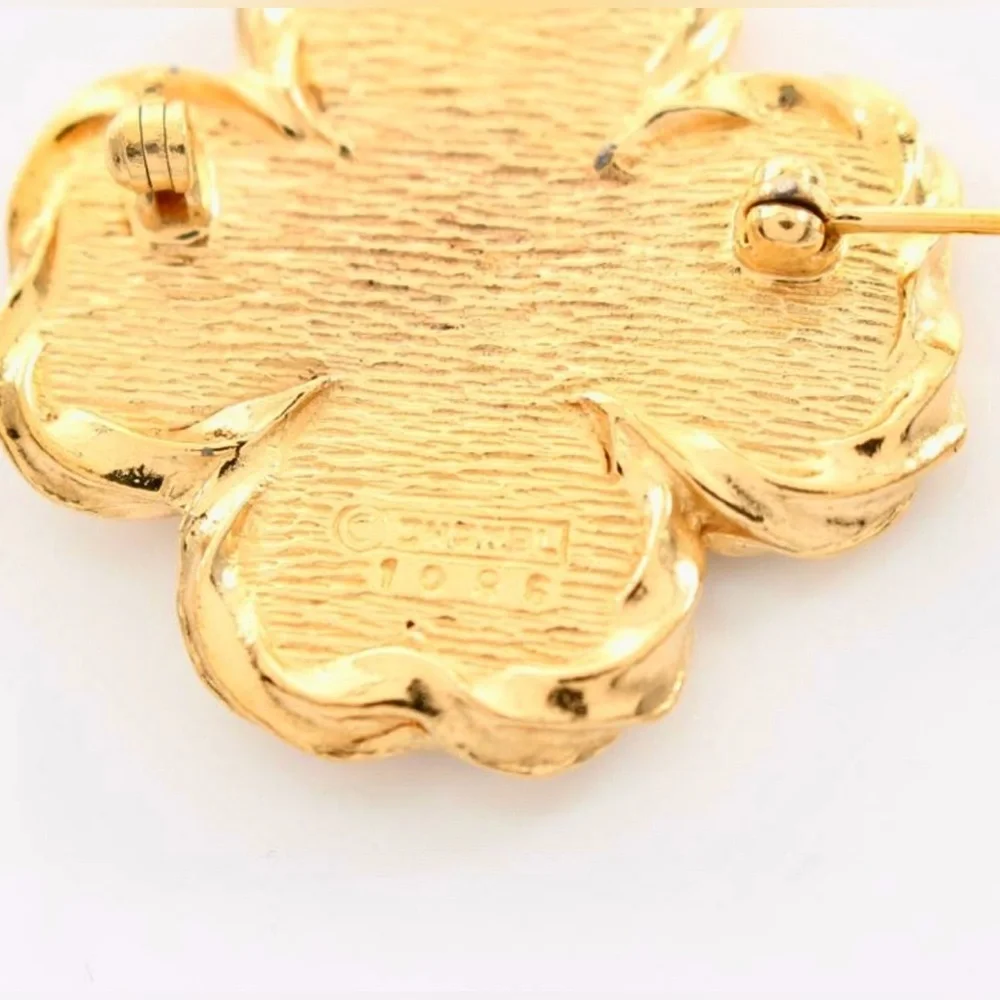 Chanel CC Gold and Rhinestone Clover Brooch